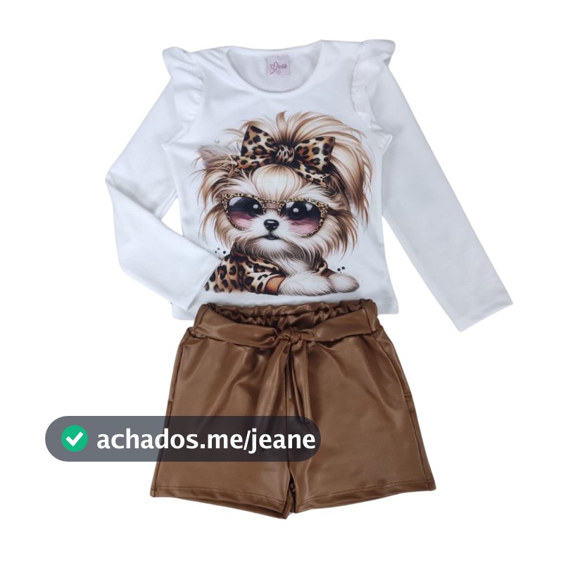 Conjunto Infantil Roupa Menina Meia Estação Cachorinho com Pedras de Strass