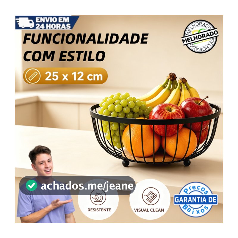 Fruteira de Mesa Rustica de Ferro e Bambu para Café da Manhã Multiuso de Metal Preto para Mesa