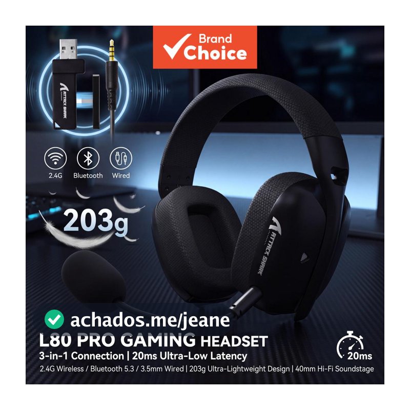 Attack Shark L80PRO Fone De Ouvido Para Jogos 3 Em 1 Lightseed Tecnologia Sem Fio 20ms Ultra-Baixa Latência 40mm Unidade