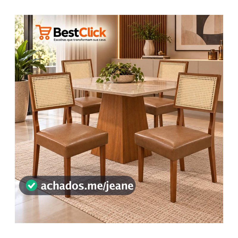 Kit 2 e 4 Cadeiras de Jantar com Encosto em Rattan Tela Natural 100% Madeira Maciça