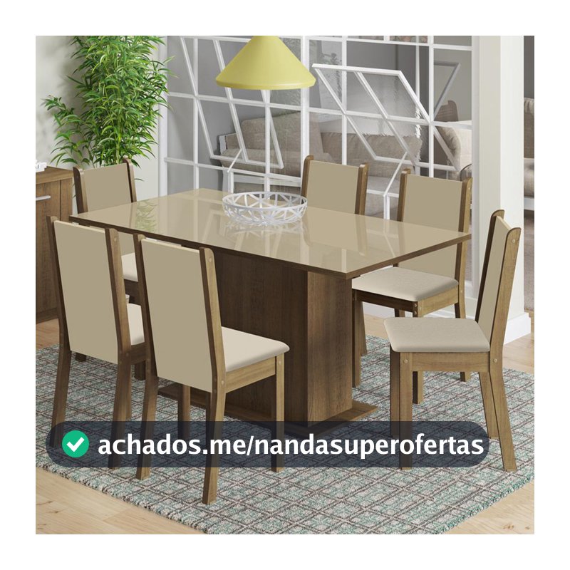 Conjunto Sala de Jantar Madesa Moscou Plus Mesa Tampo de Vidro com 6 Cadeiras - Rustic/Crema/Pérola