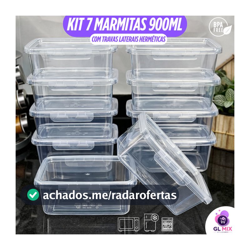 Kit 7 Marmitas 900ml Travas Laterais Herméticas Reutilizáveis - BPA FREE para Alimentos e Congelador