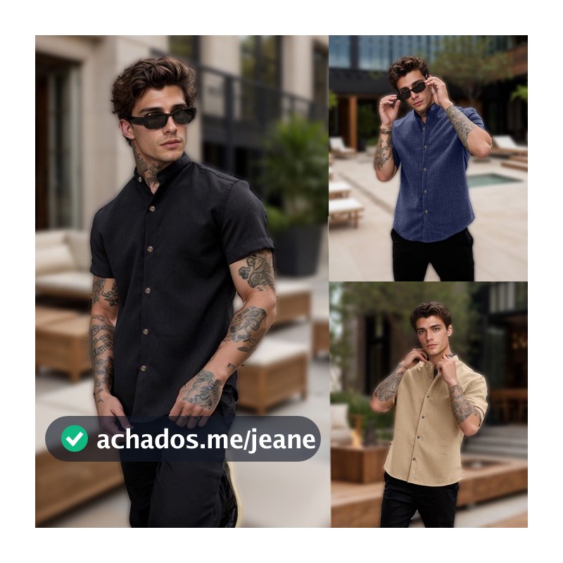 Camisa Social Masculina Gola Padre Linho Manga Curta Luxo