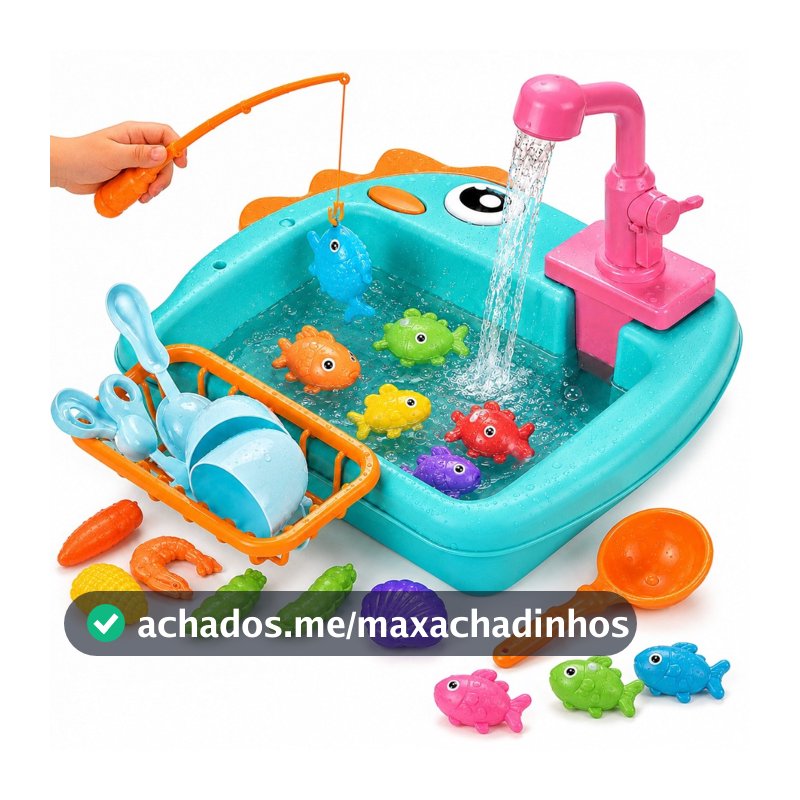 Kit Lava-Louças e Pescaria com Acessórios Pia Infantil 2 em 1 com Água de Verdade