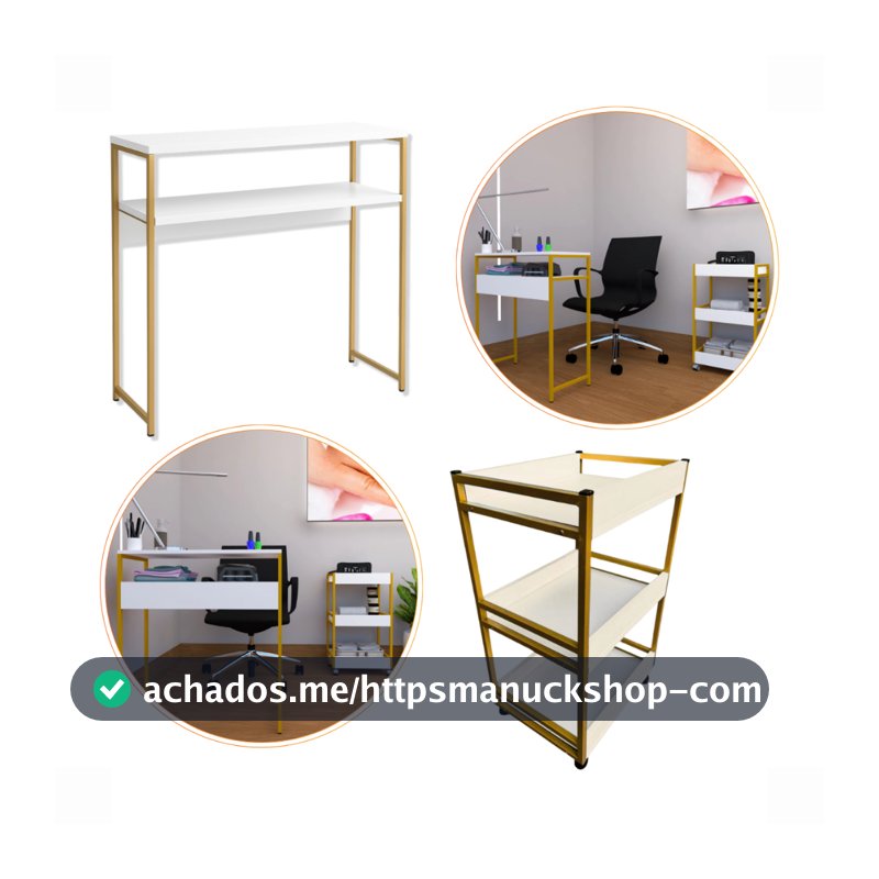 Kit Mesa de Manicure Industrial + Carrinho Auxiliar Industrial Branco e Dourado Super Reforçado