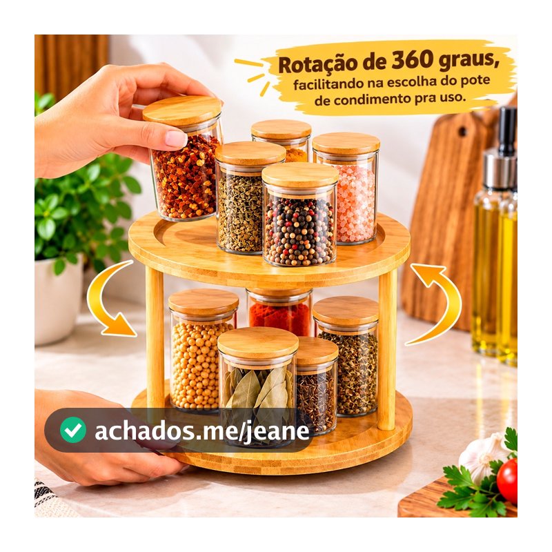 Porta Tempero Giratório 2 Andares em Bambu Ecológico Organizador Armário Prateleira Multifuncional
