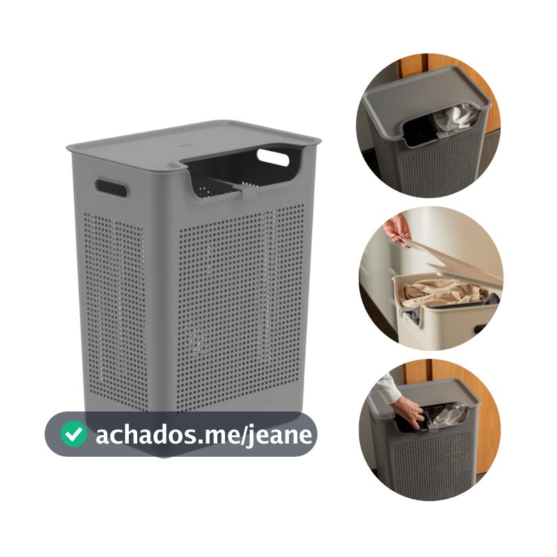 Cesto de Roupas 50 Litros com Divisória Duplo Compartimento Ajustável Tampa Abertura Frontal Flow OU