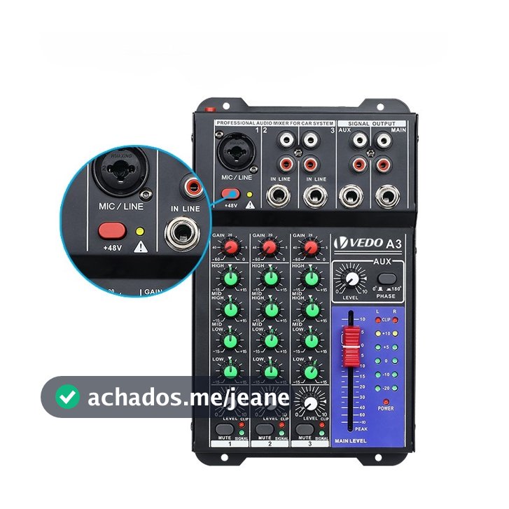 VEDO Console De Mixagem De Som 3 Canais 12V Portátil Profissional Com +48V Phantom Power Para Computador E Carro