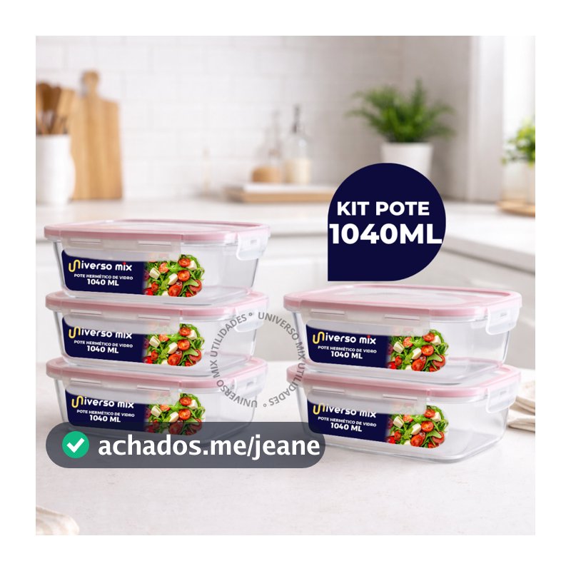 Kit 5 ou 10 Potes Vidro Hermético 1040ml Retangular 4 Travas Marmita Premium