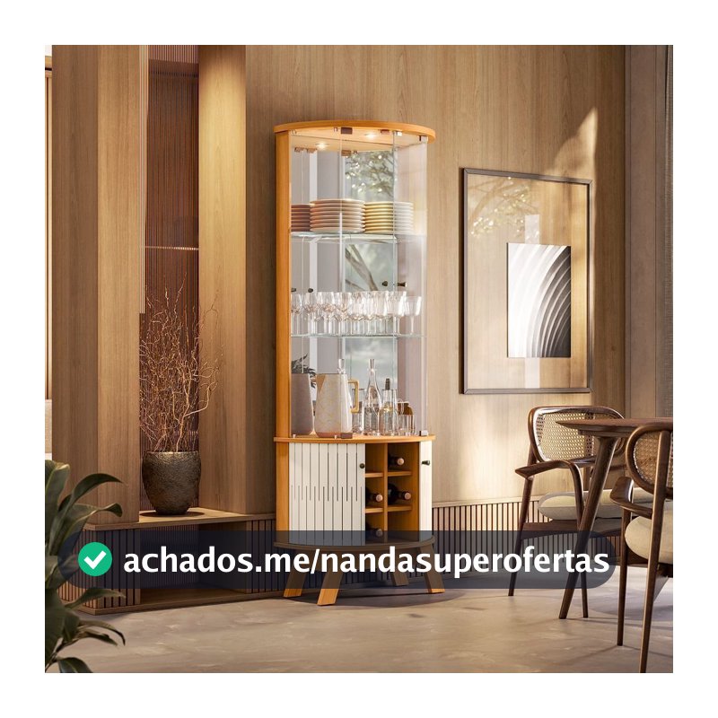 Cristaleira para Sala de Jantar 4 Portas Vidro Curvo com Espelho Led e Nicho Garrafeiro Marina Cinamomo/Off White