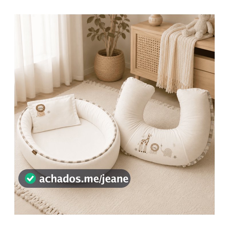 Kit Ninho Redutor Berço e Almofada Amamentação 100% Algodão Bordado Batistela Baby