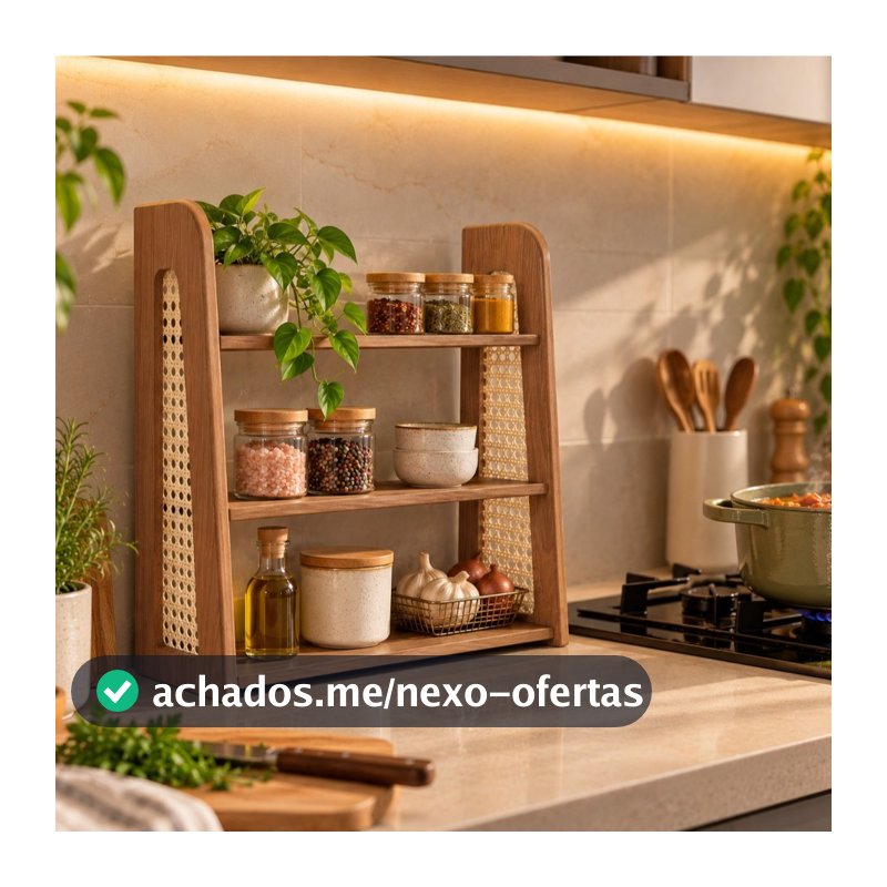 Estante Porta Temperos 3 Prateleiras MDF Palha Indiana Natural Boho Cozinha