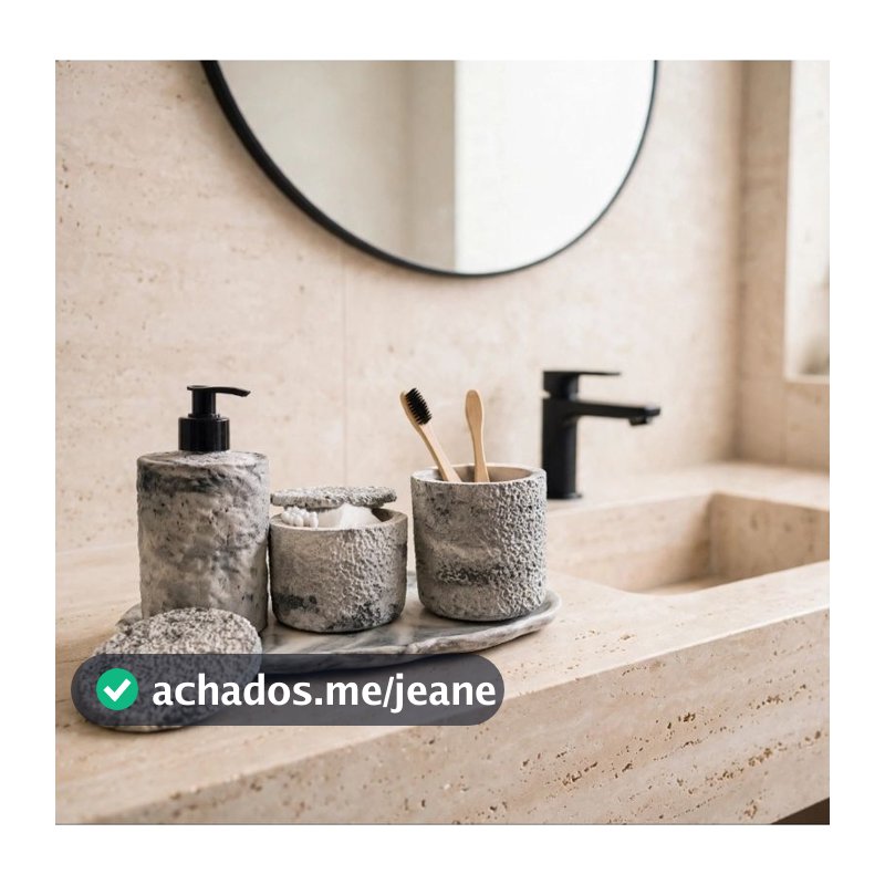 Kit Banheiro 4 Peças Cimento Decorativo Dispenser Sabonete Porta Escova Porta Algodão Bandeja Oval Lavabo