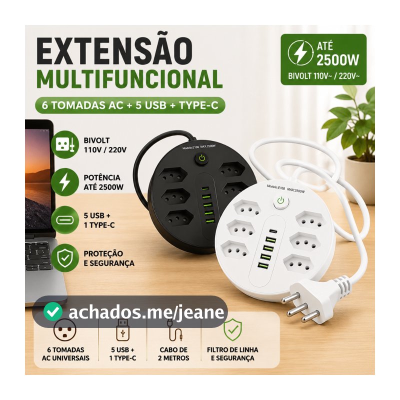 Extensão Tomadas com USB e TypeC Universal Bivolt 110v/220v 2500W Power 2m Filtro De Linha Segurança