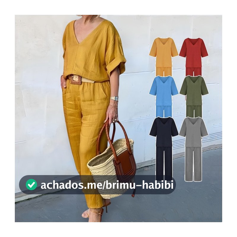 Um Conjunto Feminino Blusa E Calças Casual Outifit Algodão Linho 2 Peças Conjuntos 1/2 Manga Com Decote Em V Superior Pe