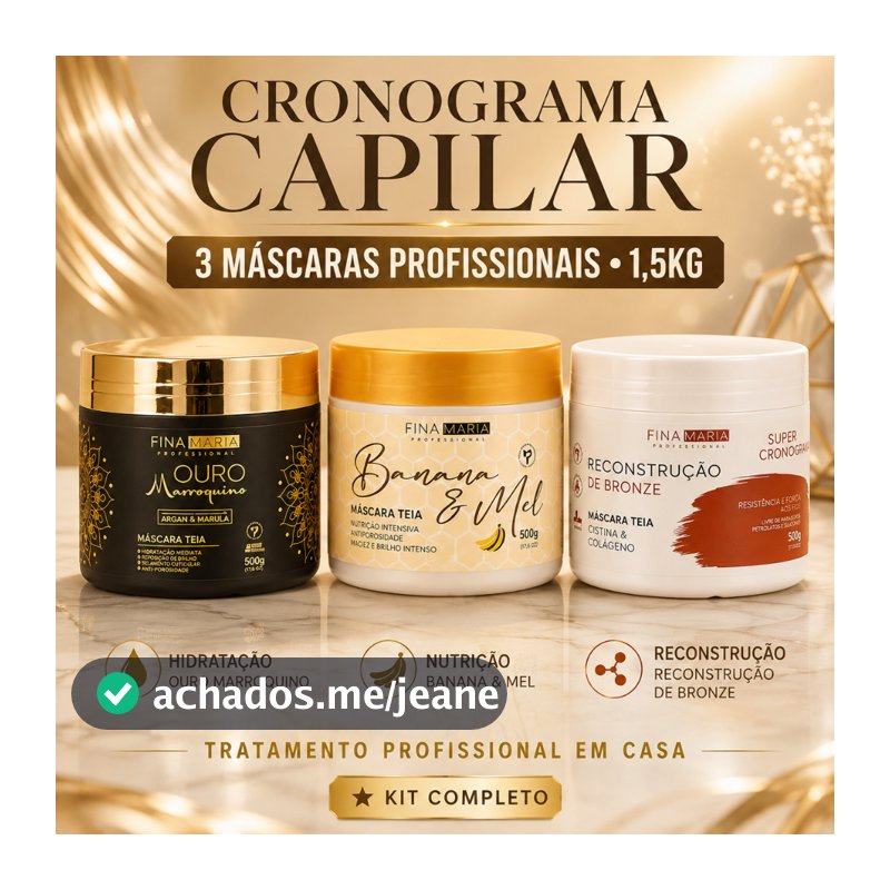 KIT 3 MASCARAS CRONOGRAMA CAPILAR PROFISSIONAL 1,5KG | HIDRATAÇÃO + NUTRIÇÃO + RECONSTRUÇÃO | FINA MARIA