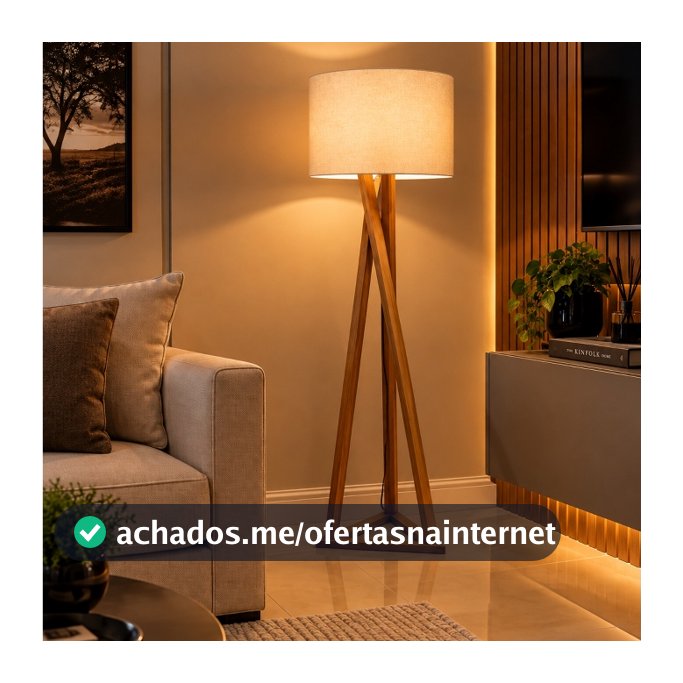 Abajur de Piso Com Pés em Madeira Luminária Moderna Decorativa Para Sala Quarto Leitura Cúpula Reforçada Ferro e Tecido