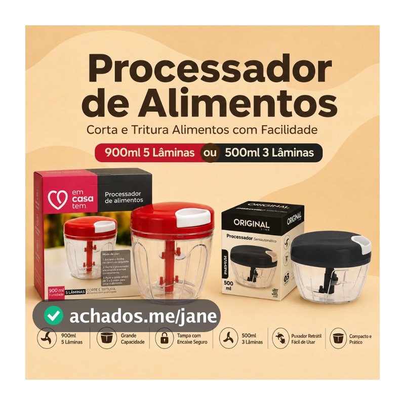 Processador de Alimentos 900ml ou 500ml Corta e Tritura Alimentos Em Casa Tem
