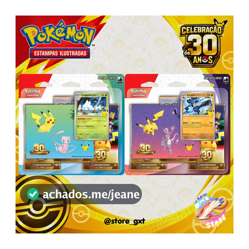 Pokémon TCG Coleção com Blister Triplo de Celebração 30 Anos Inclui Promo Lucario ou Exeggutor com 3 boosters
