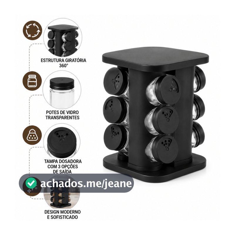 Porta Condimentos Giratório 6/9/12 Potes 85ml Organizador de Temperos Preto para Cozinha Moderno
