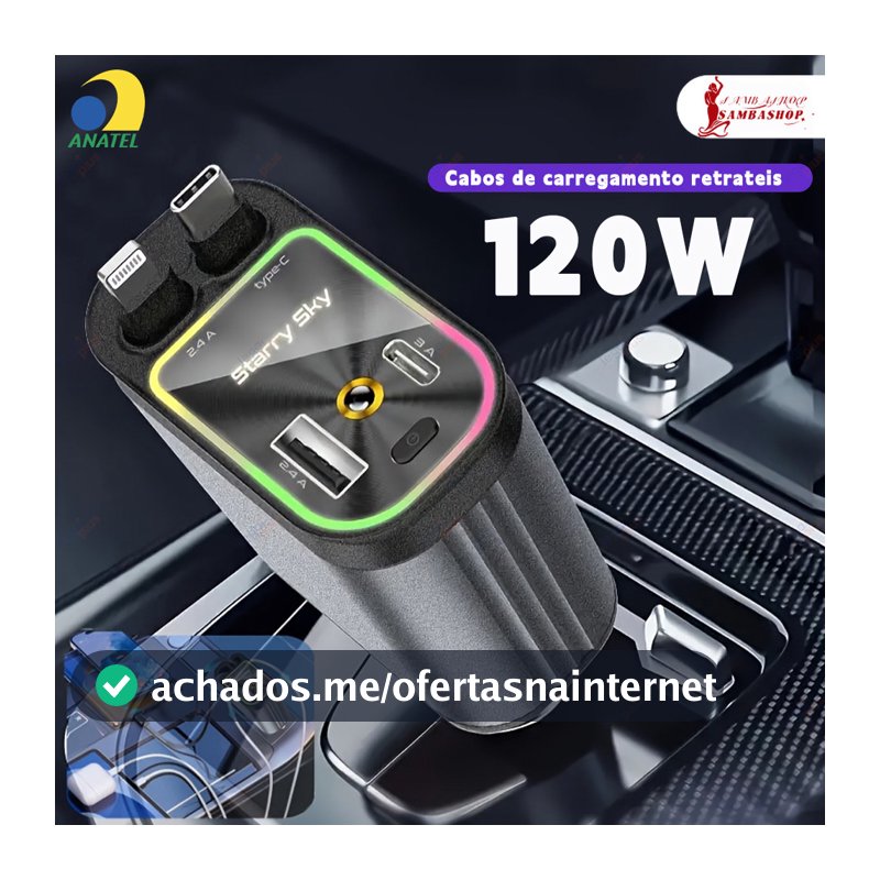 Carregador Rápido Retrátil Automotivo 180° Giratório 4 em 1 Cabo Extensível para iPhone e Android