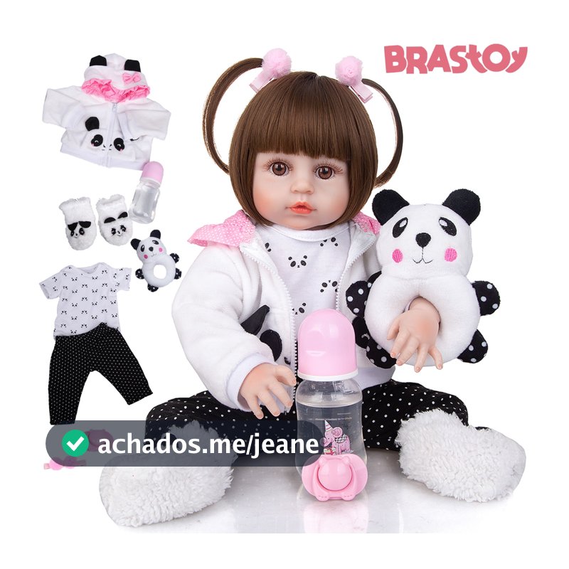 Brastoy Bebê Reborn Boneca 100% Silicone  48cm Menina Olhos Castanhos Panda
