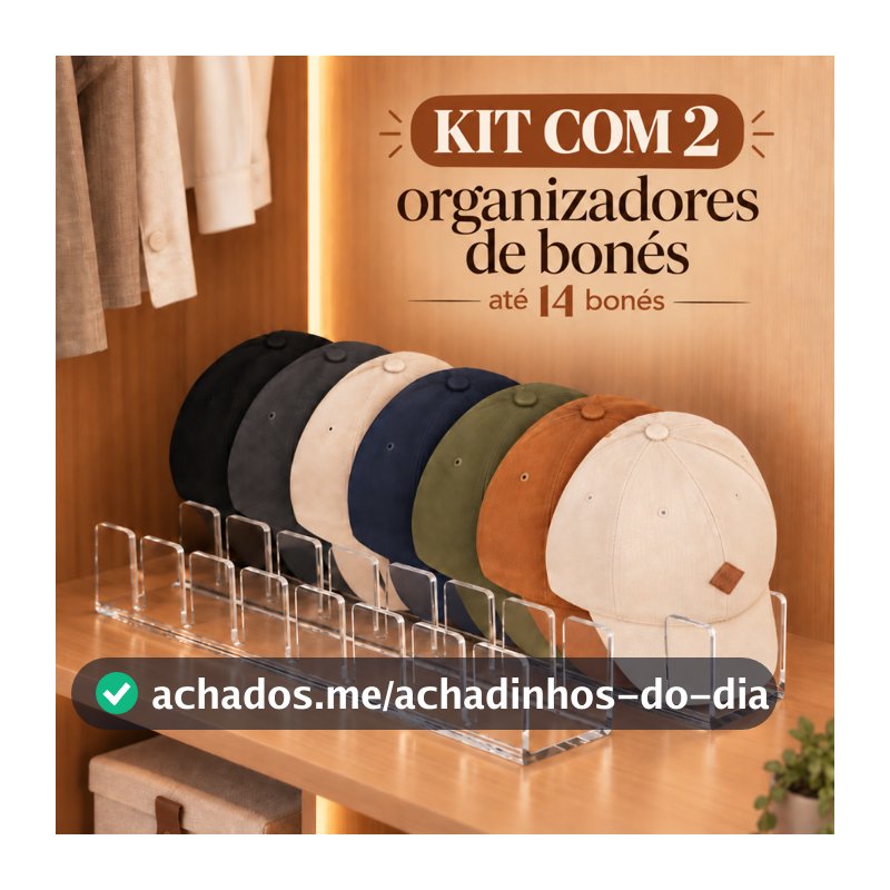Kit 2 Suportes Organizadores de Bonés Acrílico Até 14 Bonés Closet Guarda-Roupa Loja