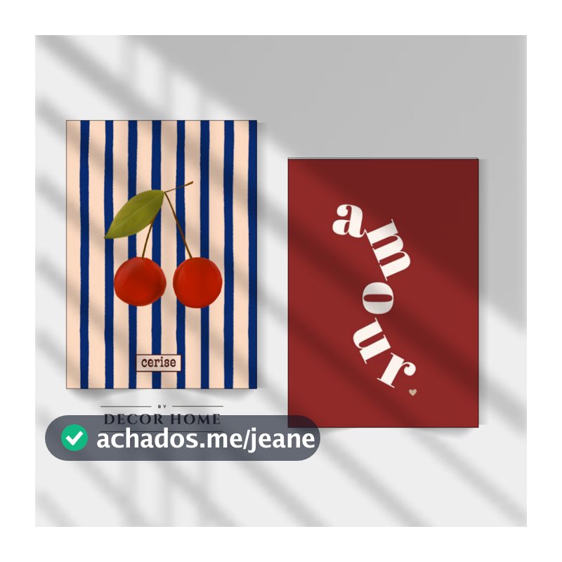 Kit 2 Quadros Decorativos Cereja listrada Amour Decoração feminina Quarto Cozinha Sala Placa decorativa