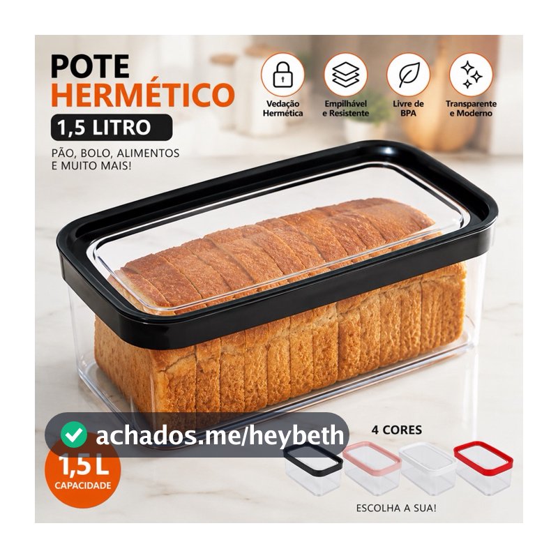 Pote Hermético 1,5L Porta Pão Bolo Organizador Cozinha Alimento mais Fofo Fresco Compacto e Empilhavel
