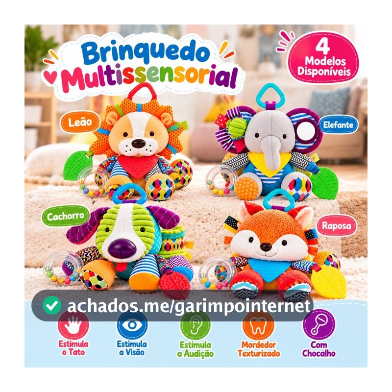 Brinquedo Pelúcia Chocalho Mordedor Bebê Sensorial Educativo Com Alça