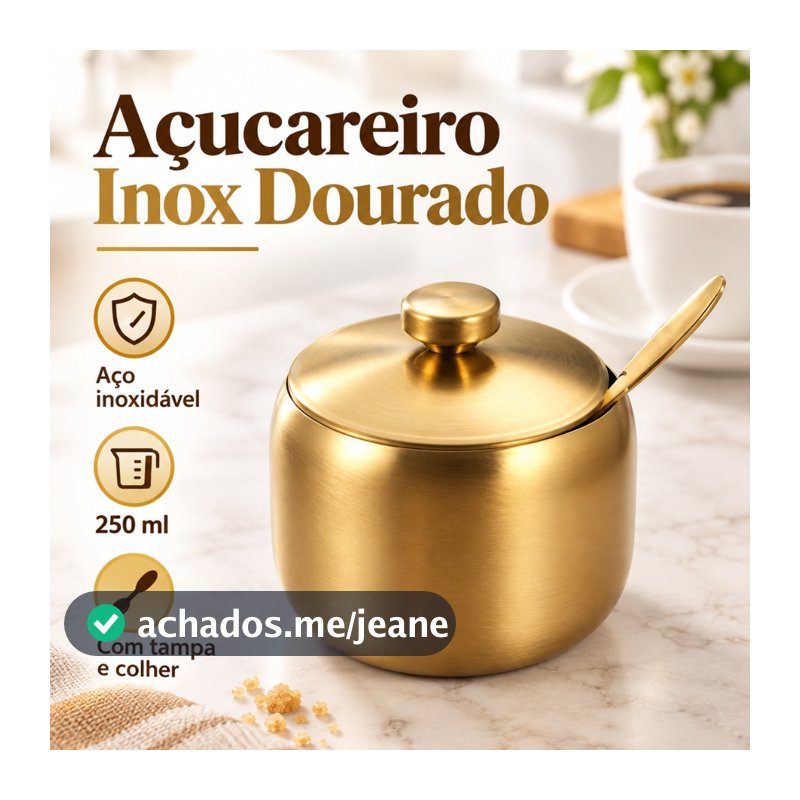 Açucareiro de aço inoxidável dourado com colher e tampa, grande capacidade para armazenar temperos