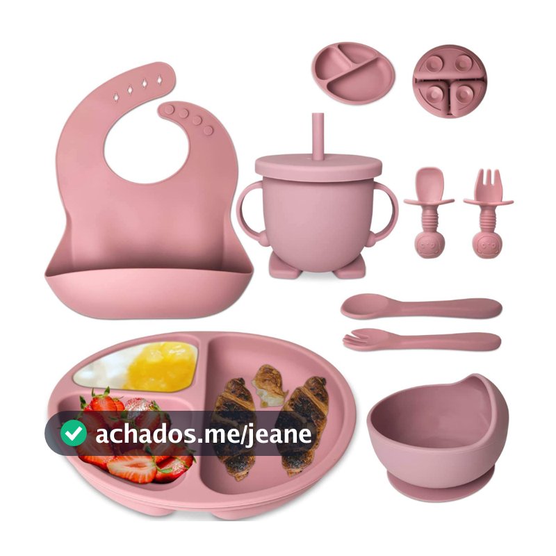 Talheres bebê silicone 8 Peças kit Talheres Infantil Com Ventosa Canudo Colher Babador Garfo Introdução Alimentar