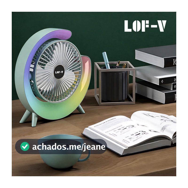 Mini Ventilador de Mesa Portátil LED RGB Recarregável Silencioso 3 Velocidades Escritorio Casa