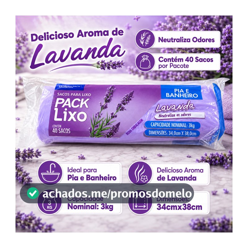 Pack Saco de Lixo Lavanda Pia e Banheiro 34x38cm Neutraliza Odores Material Resistente