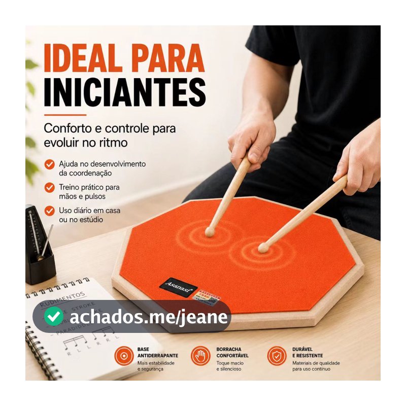 Pad de Estudo para Bateria 12" Rebote Natural Base Antiderrapante, Ideal Iniciante, Treino Silencioso, 4 Cores