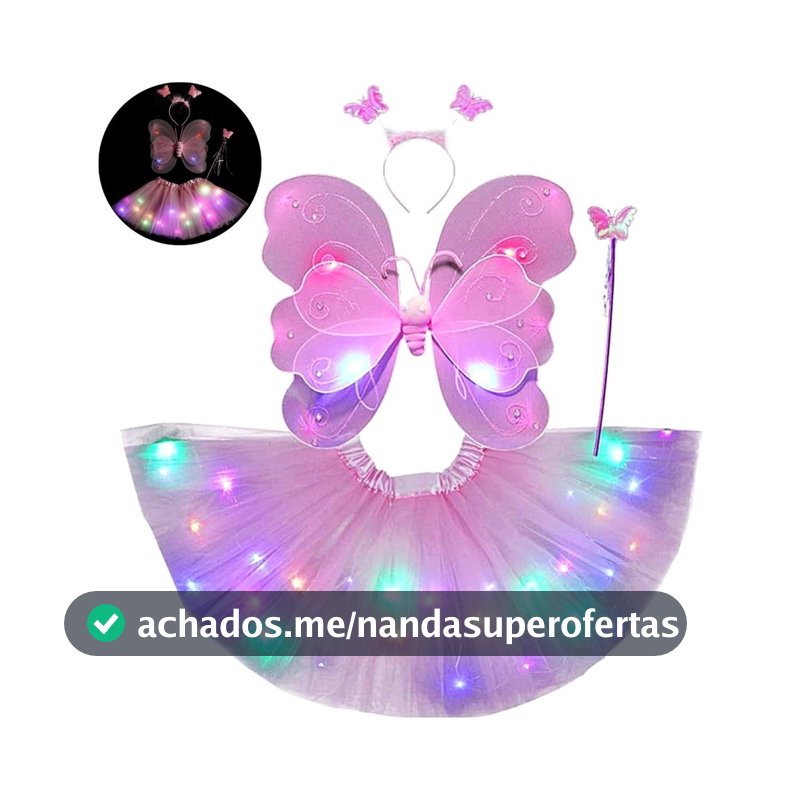 Fantasia infantil Menina rosa com Led fada bailarina Asas saia tiara