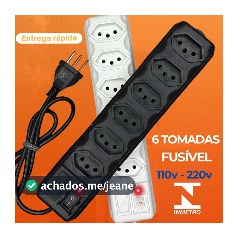 Filtro de Linha Régua de Tomadas 6 Tomadas Tripolar 10 Amperes Com Fusível