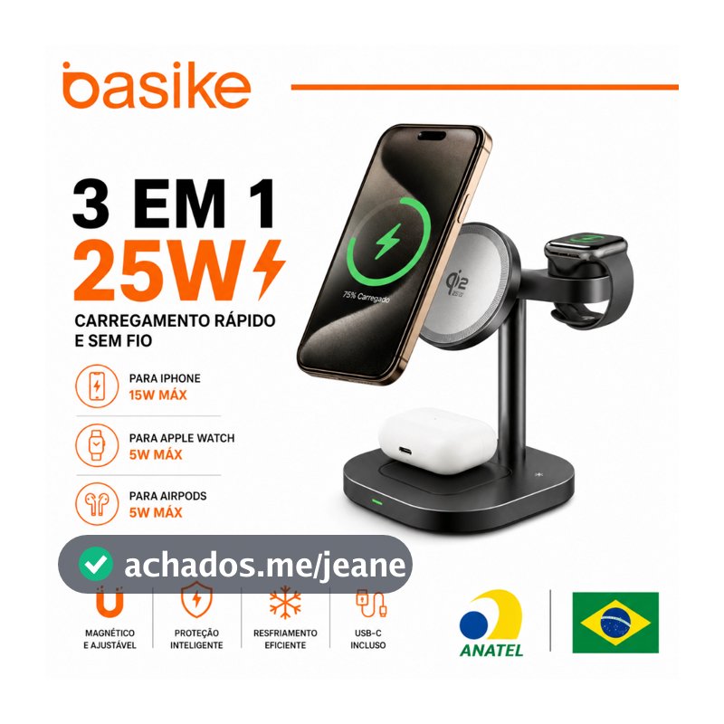 Basike Carregador Magnético 3 em 1 25W Sem Fio MagSafe p/ iPhone Apple Watch AirPods Carregamento Rápido
