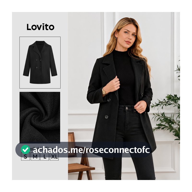 Lovito Casual Manga Longa Casaco Botão Preto Outono/inverno para Mulheres LNL141331