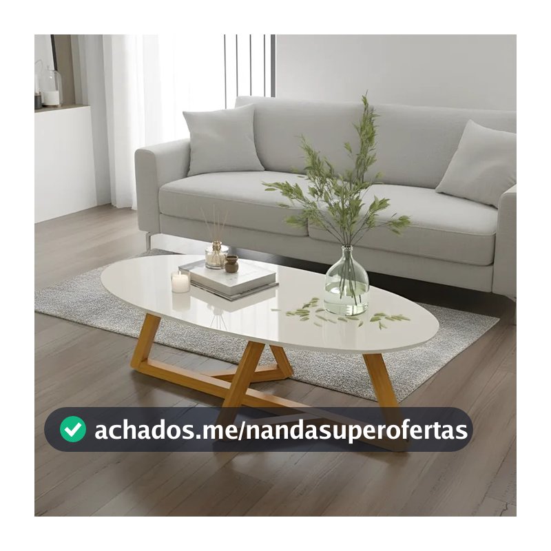 Mesa Mesinha de Centro  Apoio Sala Oval Cor Off White Nature Orgânica Moderna  Pés Madeira MDF Promoção Barata FULL