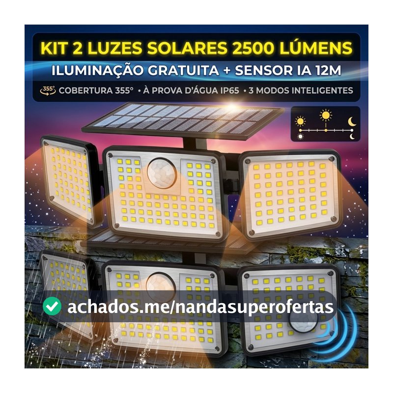Kit 2 Luminária Solar Parede 2500 Lúmens Sensor Presença 355º À Prova D'água Refletor LED Externo