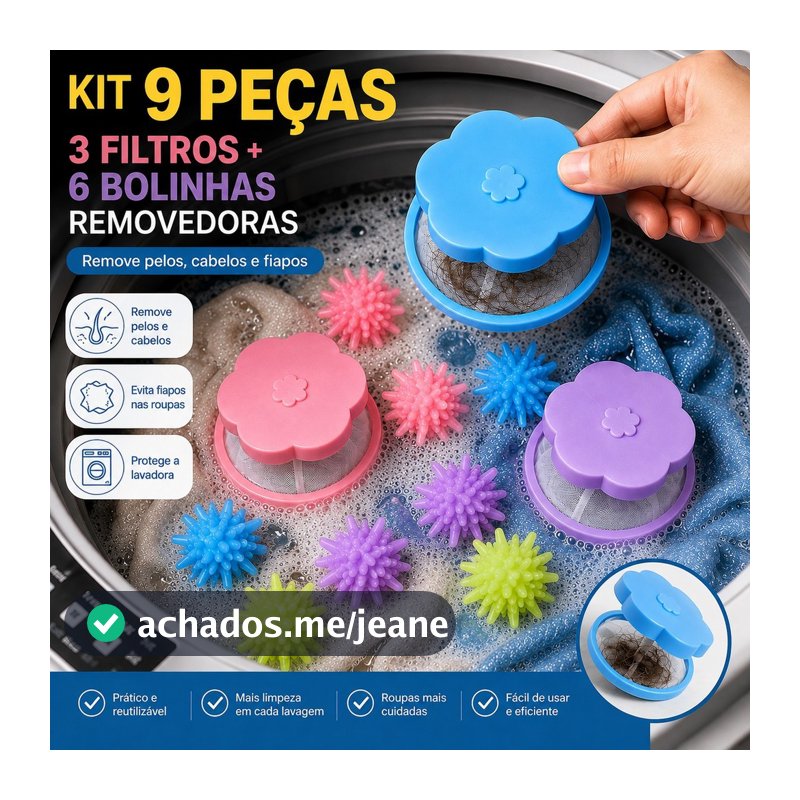 Kit Filtro Máquina De Lavar Roupa + 6 Bolinhas Coletor Pelos Fiapos Cabelos Pet