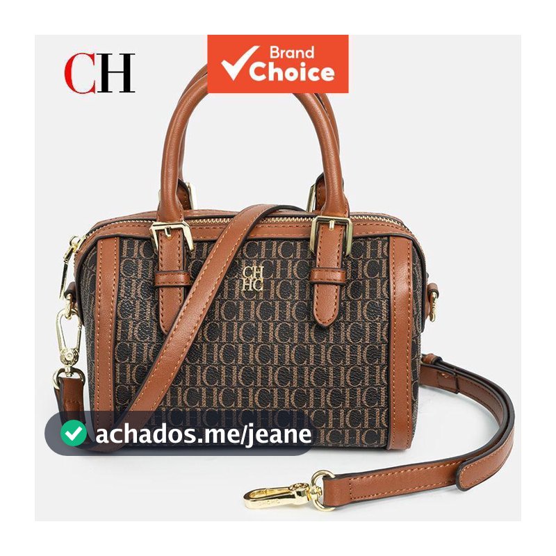 Bolsa feminina CH estruturada de mão ou tiracolo com alça superior pequena, padrão monograma, fecho de zíper, moderna,
