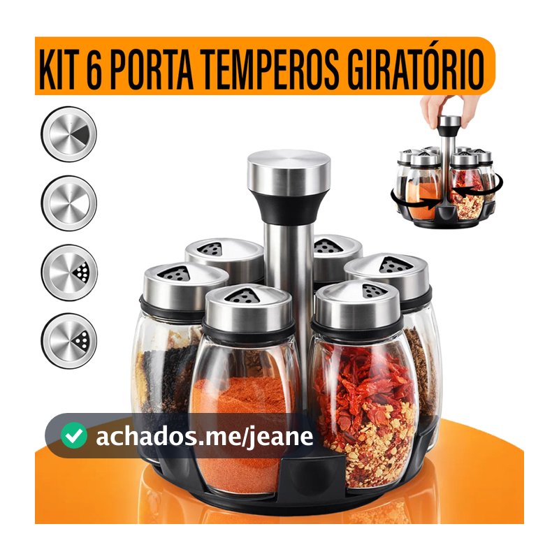 Porta Tempero Condimento Giratório 6 Peças Em Aço Inox Vidro Cozinha