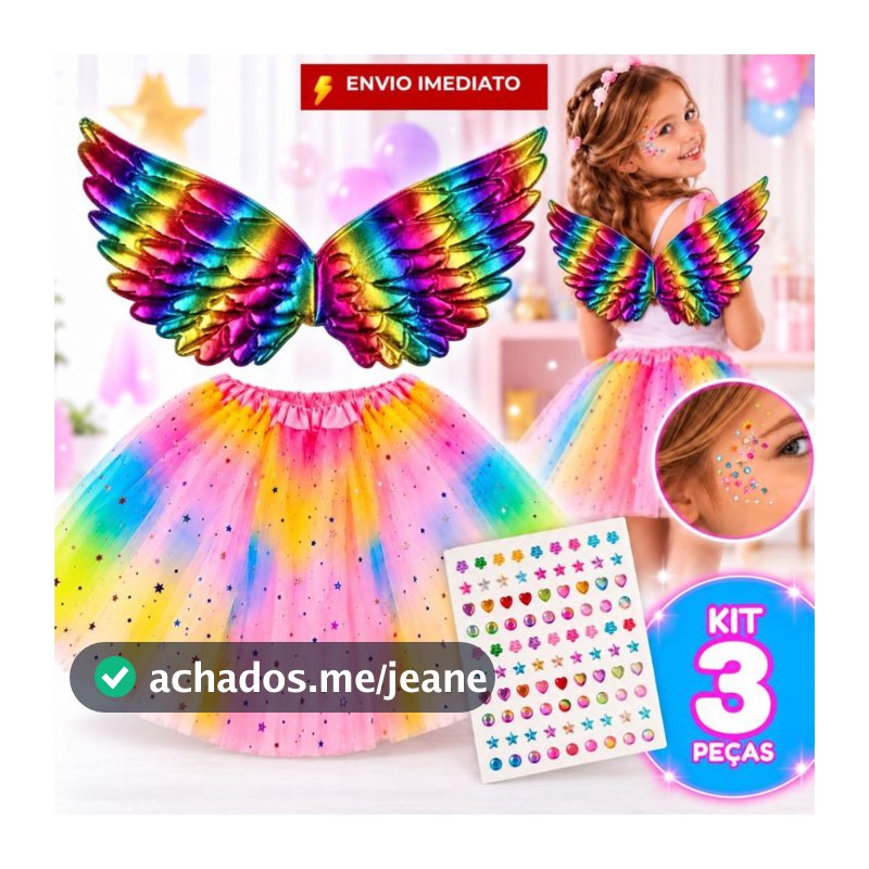 Kit Fantasia Fada Asa Metalizada Saia Fadinha Tule Glitter Cartela Stras Menina Dia das Crianças