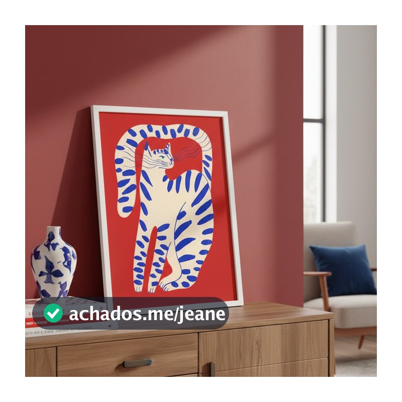 Quadro Decorativo Gato Arte Moderna Vermelho e Azul - Com Vidro
