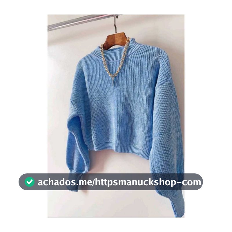 Blusa Cropped Tricot  Feminina Ponto Fang Manga Bufante Gola alta Redonda  Inverno