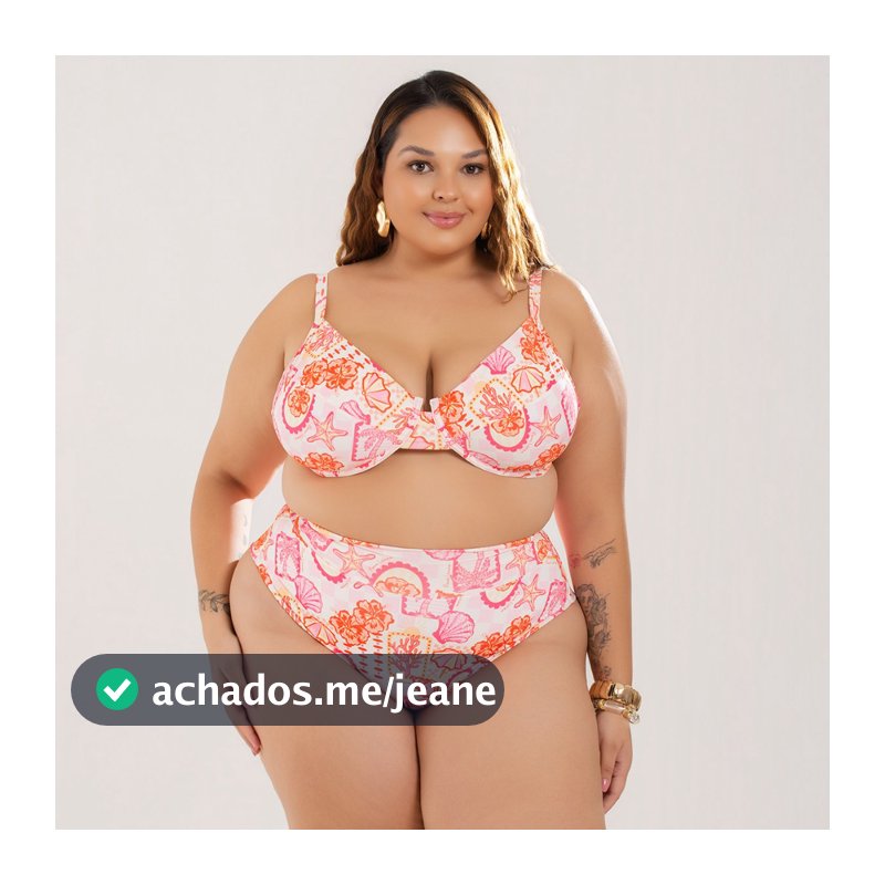 Biquíni Plus Size Meia Taça com Aro Bojo Removível Cintura Alta Cós Alto Sustentação Busto Retrô GG ao G3