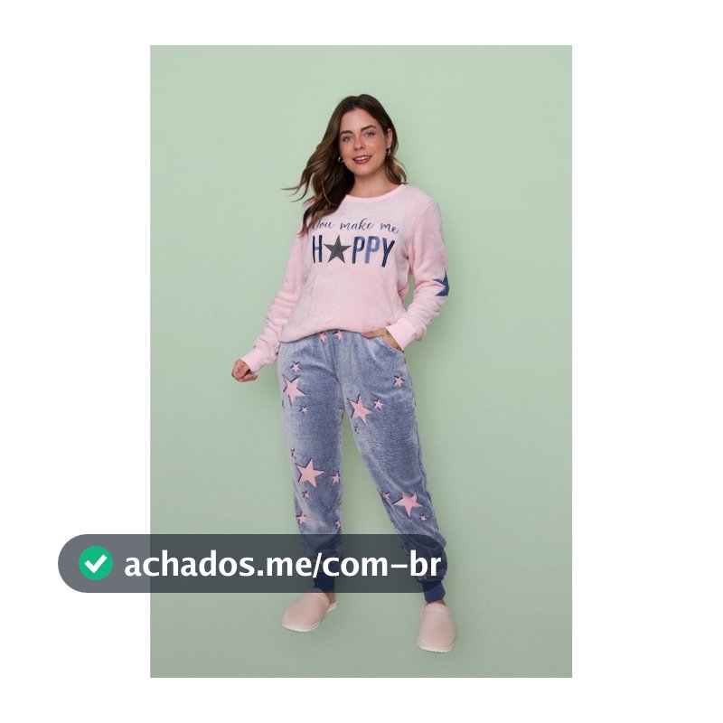 Pijama Feminino Pelucia Manga Longa Fleece Pelinhos Quentinho Happy