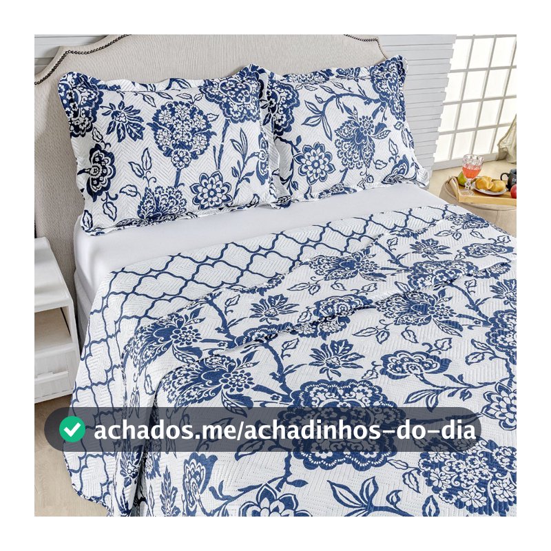 Kit Cobre Leito Colcha Queen Bouti 3 Peças Dupla Face Estampada Porta Travesseiro Aba Americana